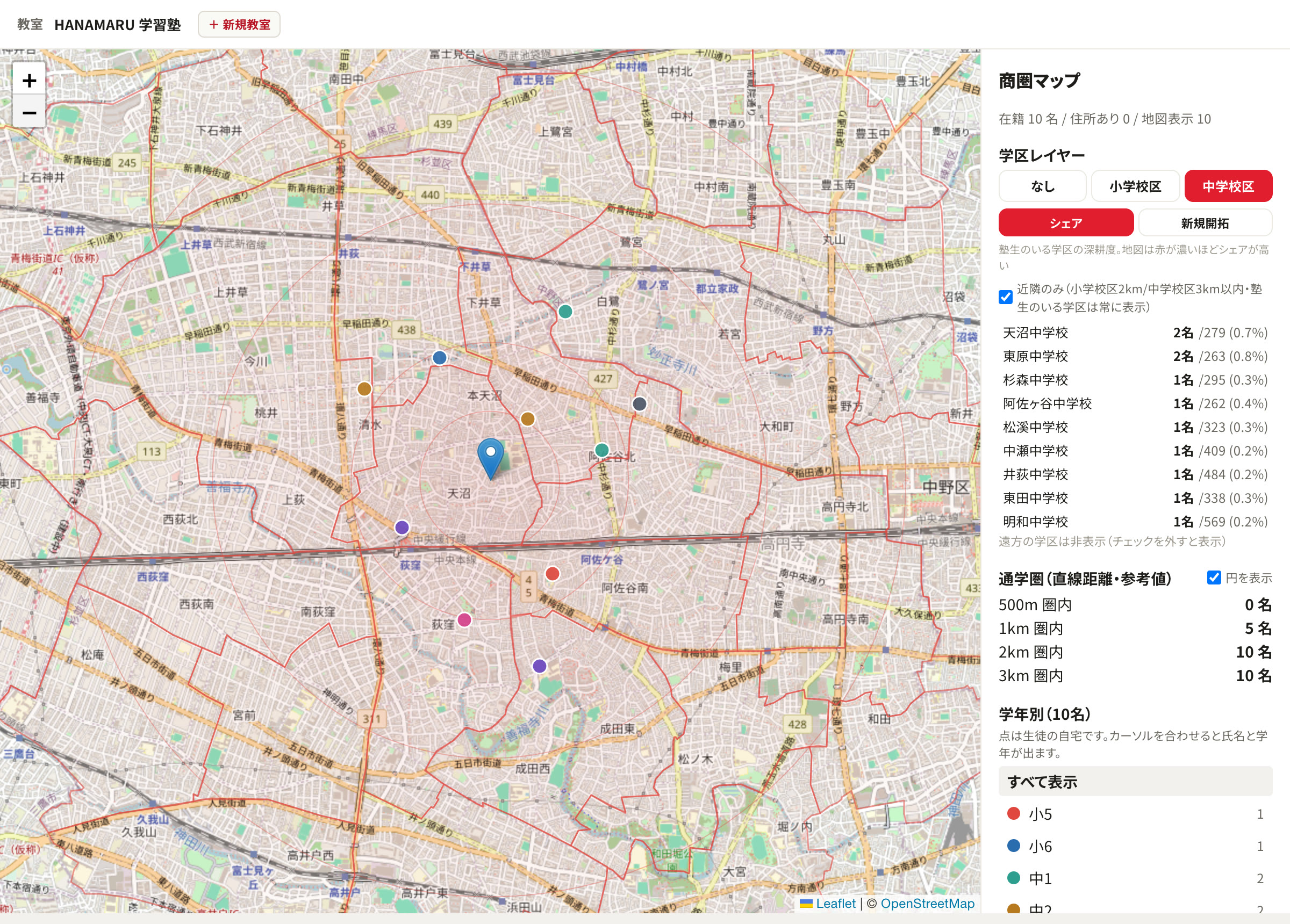 商圏マップ。生徒の自宅を学年ごとの点で表示し、中学校区の境界と通学圏の円を重ねている