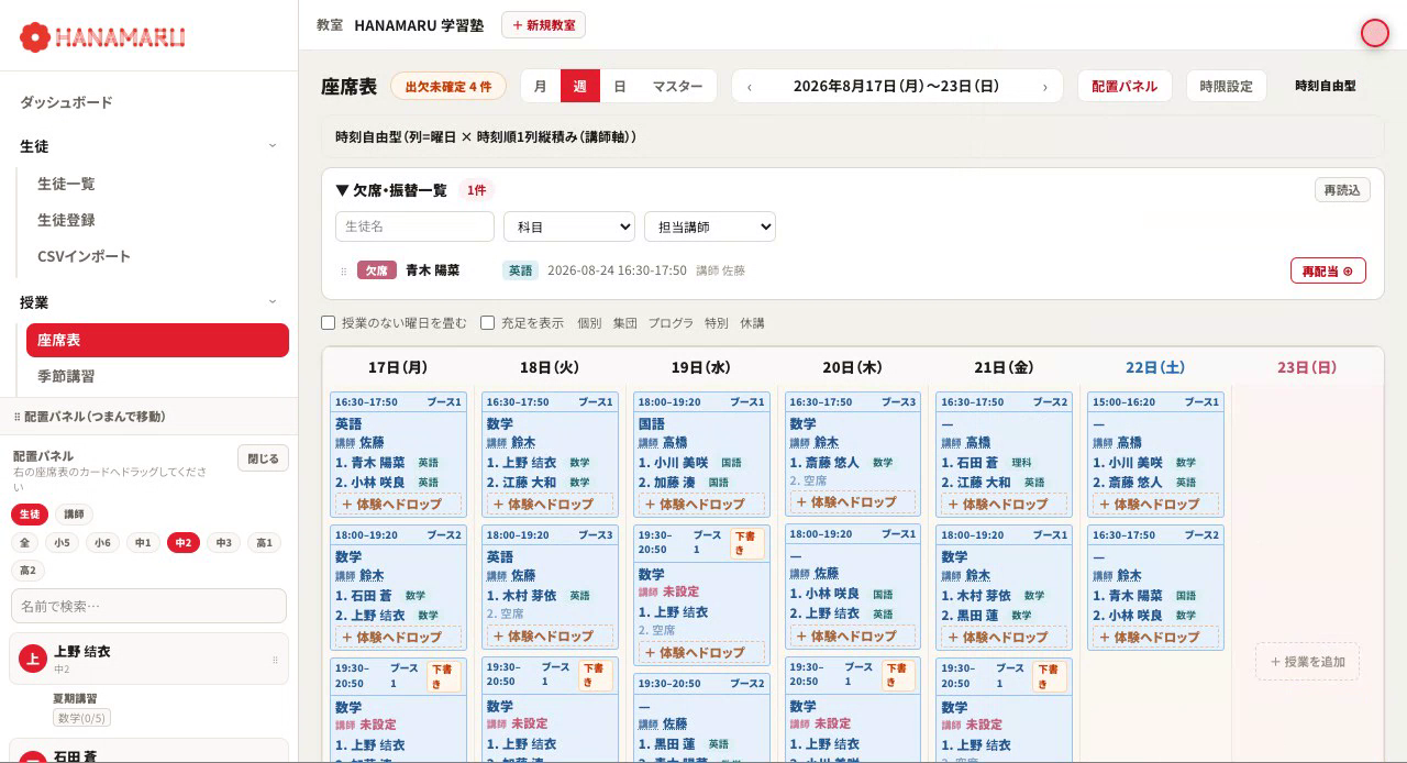 週の座席表。曜日ごとに授業カードが並び、講師・生徒・科目・空席が出ている